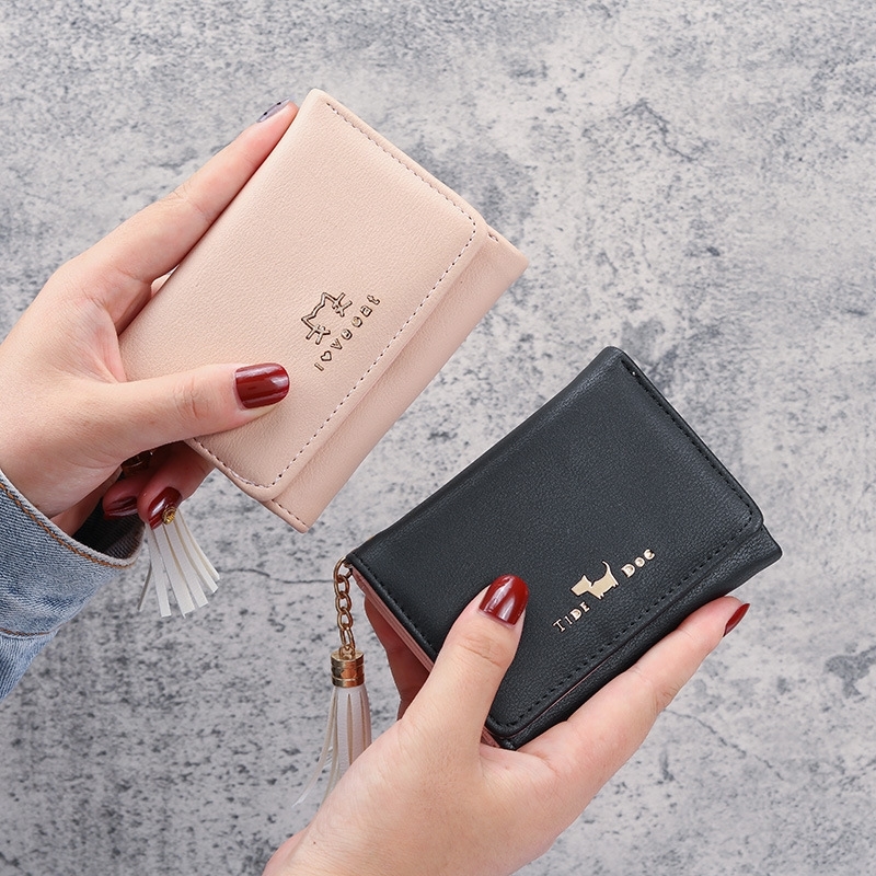

2019 new women's short Japanese and Korean wallet tassel 30% off lovely Student Wallet small fresh card bag, Light gray