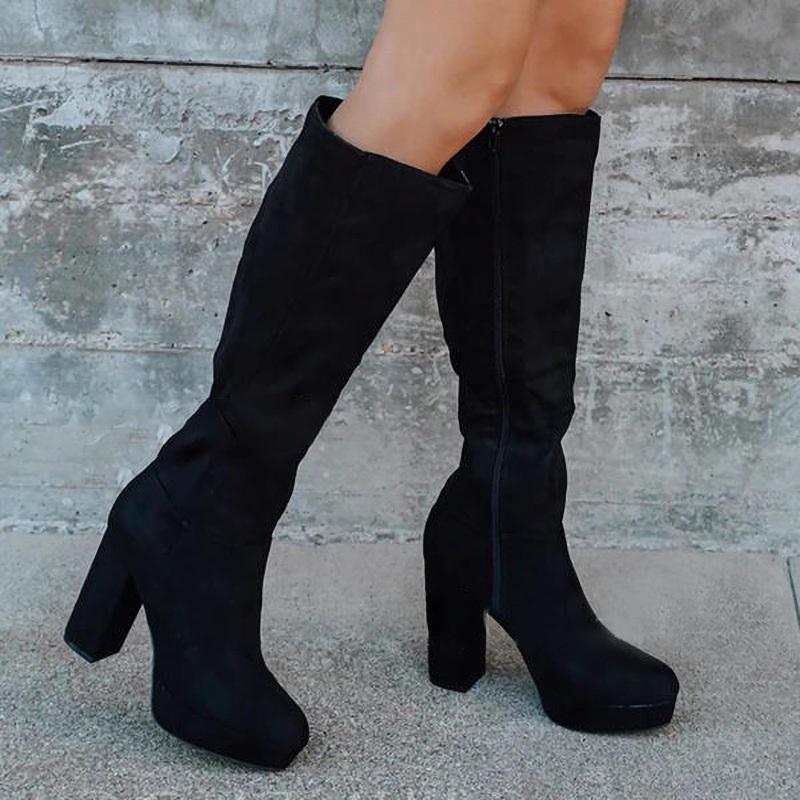 

Boots Autumn Winter Women Knee High Black Heels Platform Ladies Shoes Round Toe Zipper Female Long Zapatos Mujer
