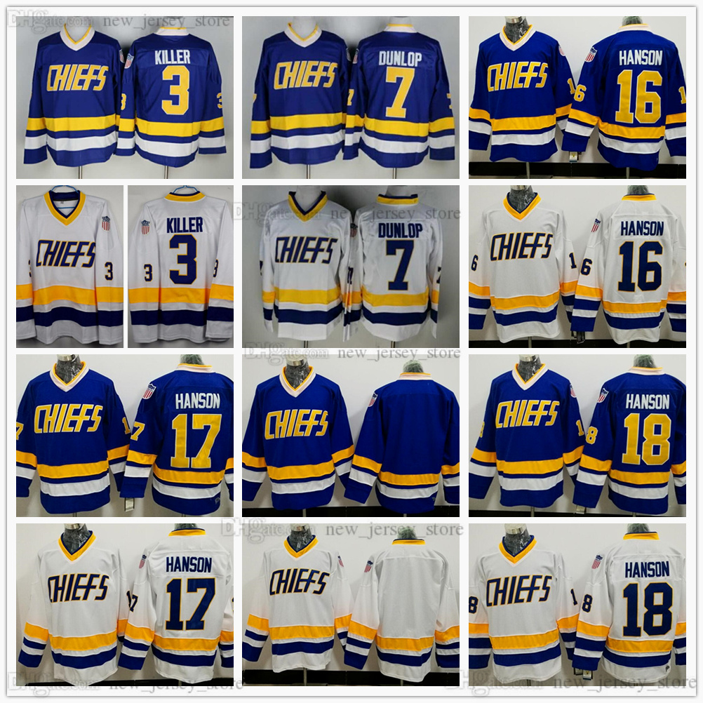 

Stitched Brothers Slap Shot Charlestown Chiefs Hockey Jersey 16 Jack 17 Steve 18 Jeff Hanson 7 Francine Dunlop 3 Killer Vintage CCM Movie Blue White Jerseys, Same as picture