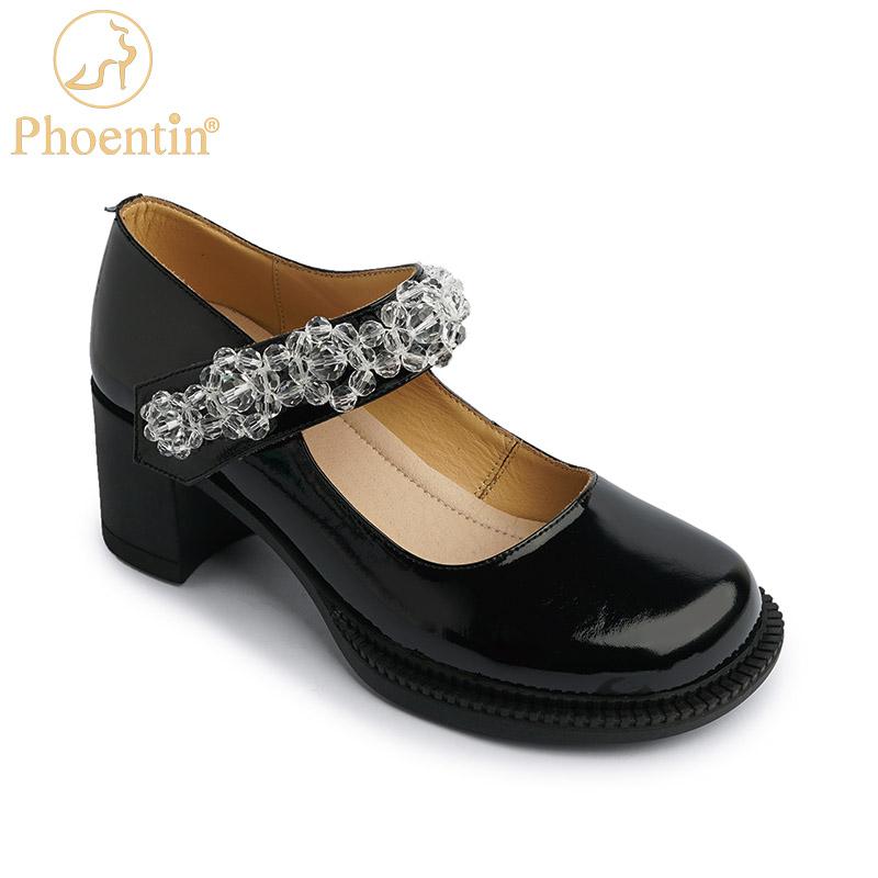 

Dress Shoes Phoentin Ladies Leather Big Round Toe Middle Heels Designer Crystal Strap Retro Mary Janes Lolita Black 2021 FT1331