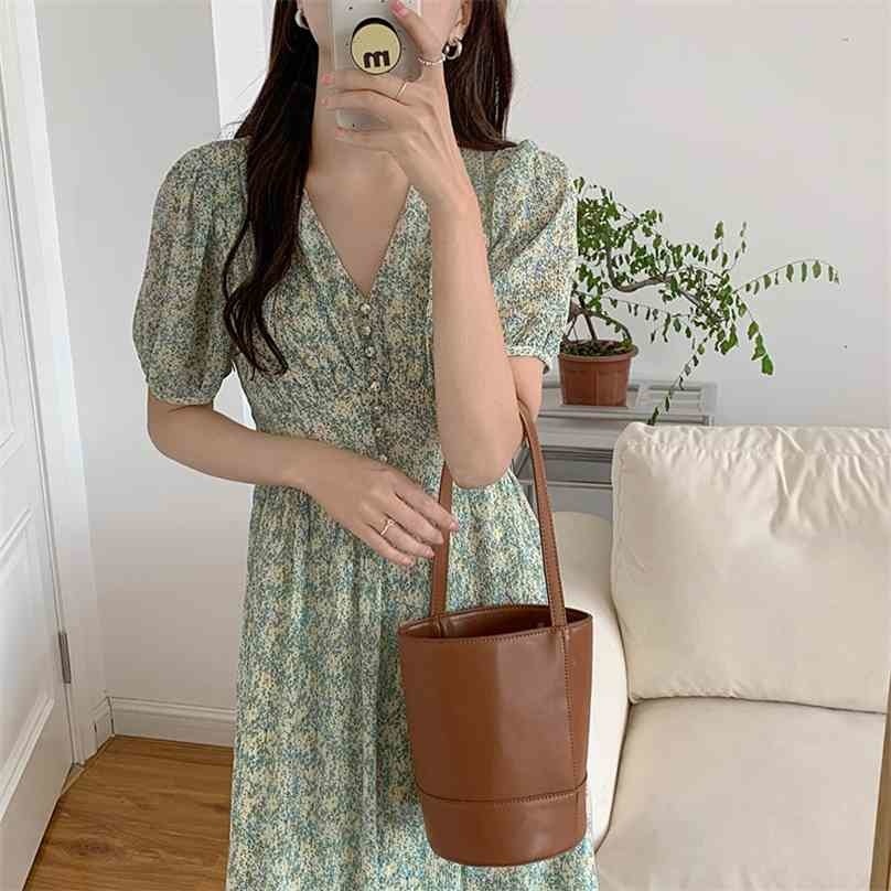 

Gentle Retro V-Neck Printing Summer Sweet A-Line Elegant French Office Lady Loose Women Chic Long Dresses 210525, Photo color