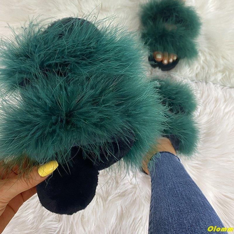

Fur Furry Slide Sweet Feather Thick Bottom Beach Female Sandals Hair Flip Flops Women Home Slippers Indoor Soft, Black