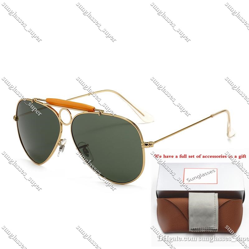 

3138 1pcs Polarized Glass Designer Brand Classic Pilot Sunglasses Fashion Women Sun glasses UV400 Gold Frame Green Mirror 62mm Lens with box commute