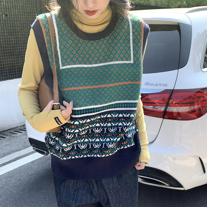 

2 colors 2021 autumn and winter korean style o neck vintage knitted sleeveless vest sweaters womens pullovers womens (C9883), White;black