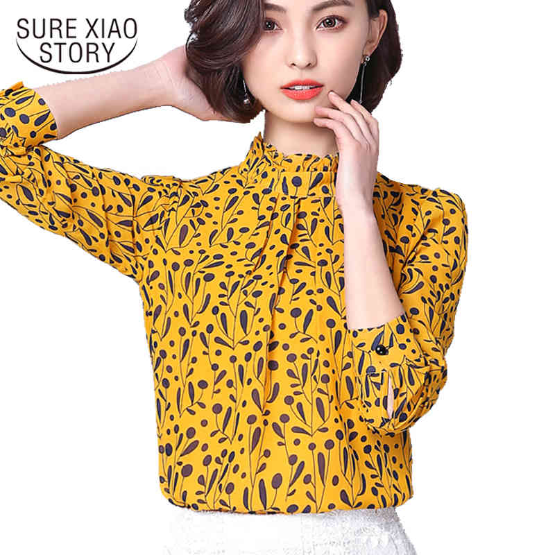 

spring fashion chiffon women clothing long sleeved blouses print slim casual style sweet female stand shirts d368 30 210521, Yellow