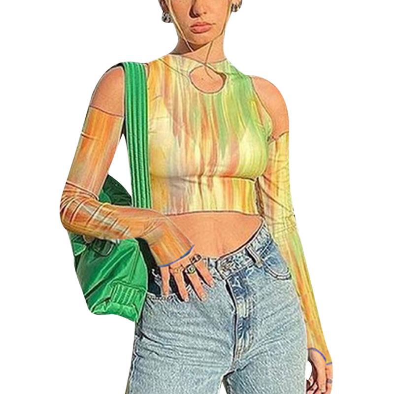 

Women's T-Shirt Sexy Women Autumn Polyester Cutout Crop Tops Adults Cold-shoulder Color Block Long Sleeve Round Neck, White
