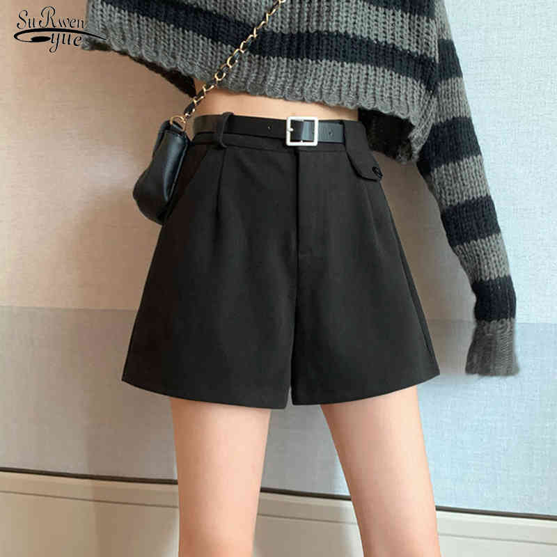 

Autumn/Winter Casual High-waist Wide-leg Shorts Big MM Plus Size Thickened Woollen Present The Same Belt Femme 12222 210521, Black