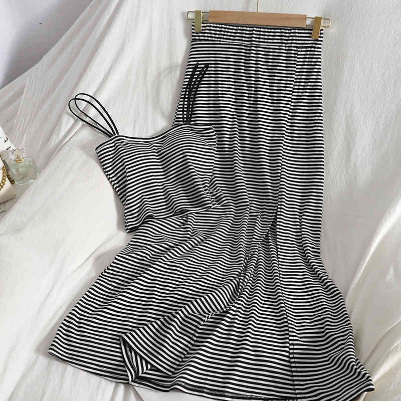 

summer fashion casual double shoulder chest cushion suspender temperament A-line long skirt hip two-piece set SK011 210525, Black white