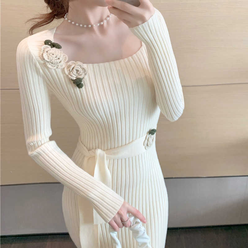 

Slim Sweater Dres Sexy Elegant Knitted Female Autumn Winter Rose Long Sleeve Vintage Party Office Lady 210604, As the picture