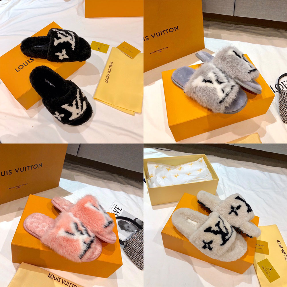 

winter new indoor furry slippers shoes sandals and warm fashion women's Luxurys designers Ladies wool Slides fur Fluffy letters Slipper, Black
