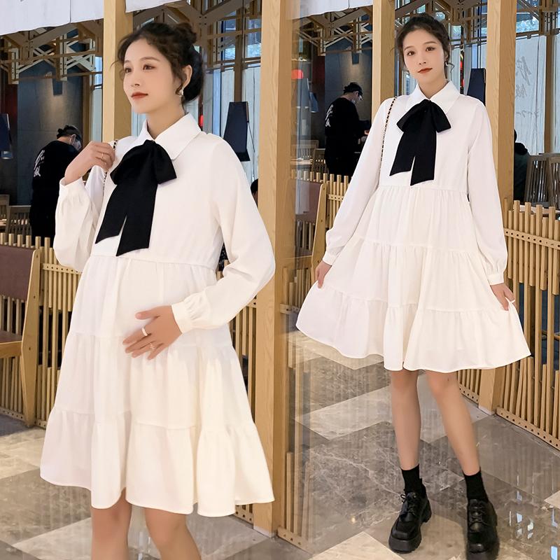 

Maternity Dresses 5513# Dress Long Sleeves Bow Collar Midi Plus Size Pregnancy Large Pregnant Woman Mom, White