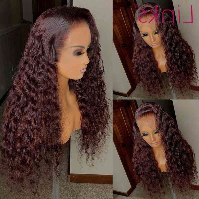 

30 inch 13x4 Links Human Hair Wigs For Women Curly Brazilian Remy Highlight colored 99j burgandy 13x1T Part Lace Wig, 13x1 t part wig