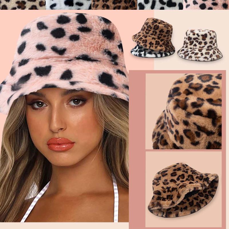 

Wide Brim Hats Autumn Winter Panama Hat For Women Faux Fur Bucket Cow Print Plush Velvet Warm Fisherman Vacation Cap, White