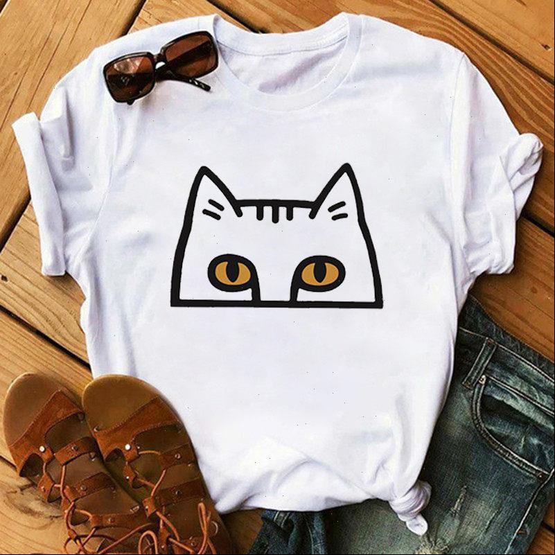 

Womens T Shirt Cute Cat Print Fashion Casual Short Sleeve O Neck Top Camisetas Mujer Drop, White