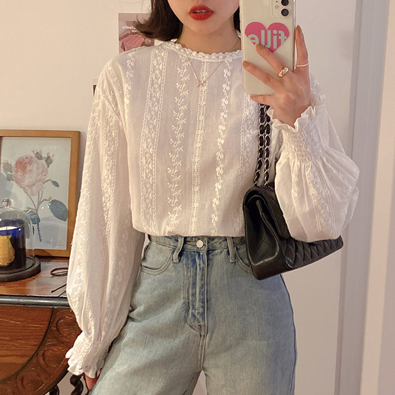 

Sweet White shirt korean style long sleeve blouses Lace patchwork womens tops and blouse 2021 (F3753)