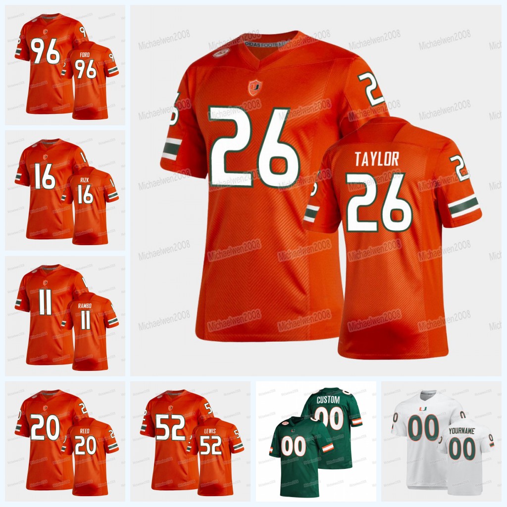 

Custom Miami Hurricanes College Football Jerseys NCAA College Ray Lewis Ryan Rizk Sean Taylor Michael Irvin Jarrid Williams Ed Reed Al Blades Jr. Mark Pope D'Eriq King, Women