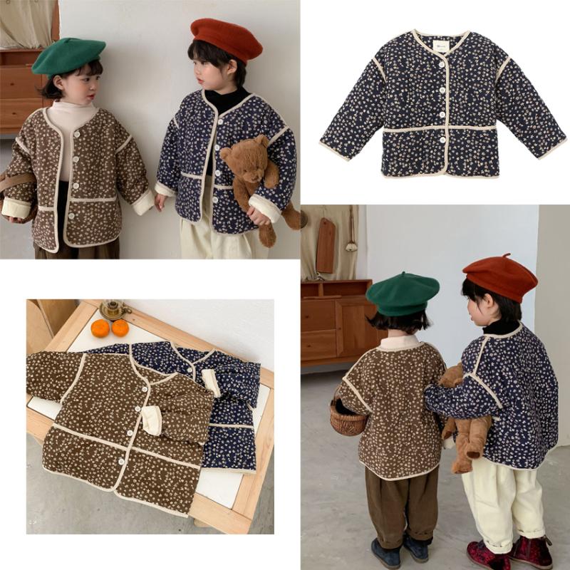 

Down Coat Girls Winter Cartoon Floral Print Clothes Long-Sleeved Jacket Autumn Children O-Necked Plus Velvet Warm Outdoor Hooded, Blue;gray