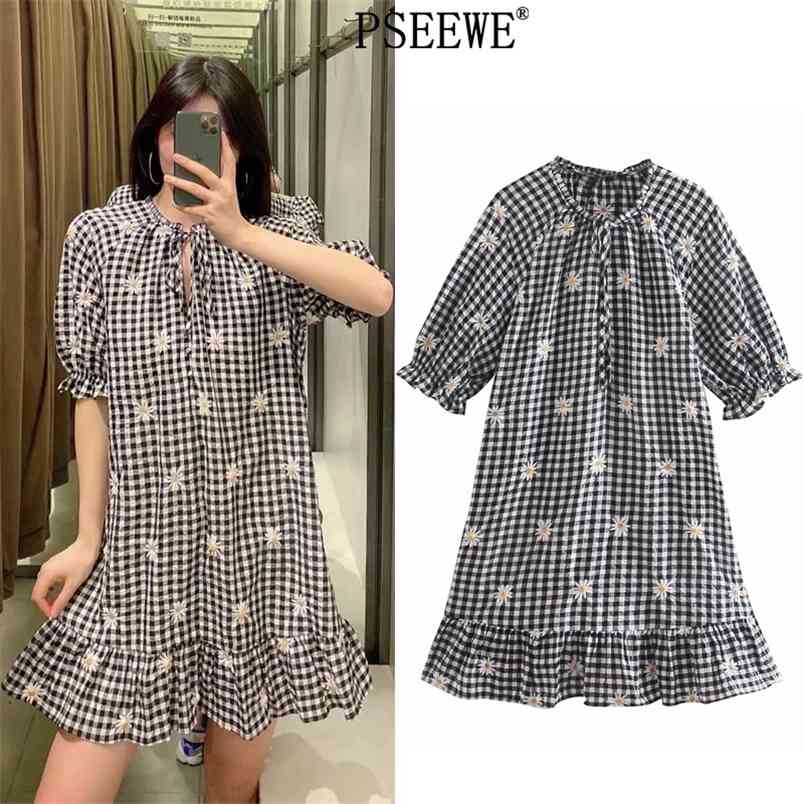 

Black White Plaid Embroidery Woman Summer Dress Short Puff Sleeve Floral Mini Women Fashion Casual es 210519