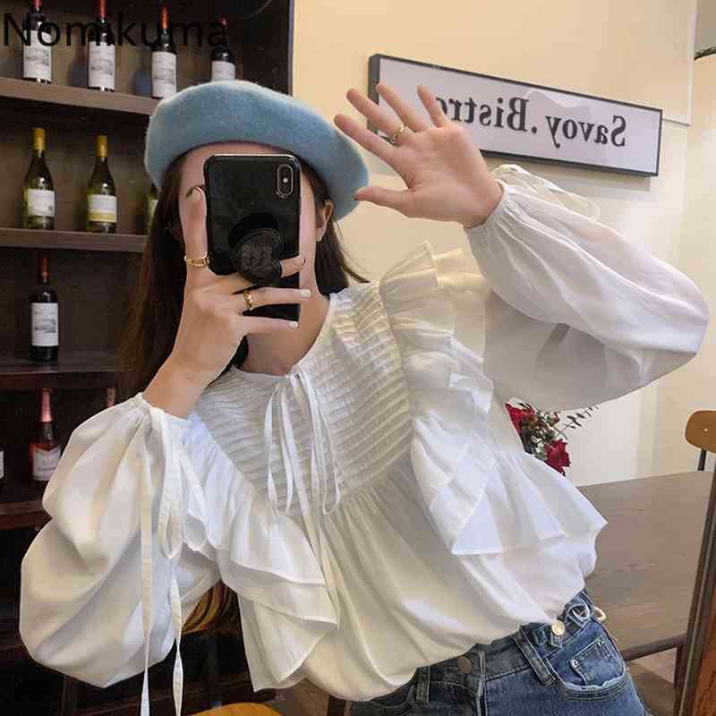 Nomikuma Blouse Women Korean Pleated Ruffle Causal Shirt Spring Bow Tie O-neck Lantern Sleeve Blusas De Mujer 6G104 210427