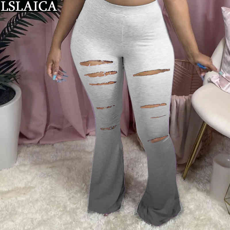 

Sexy Pants Women Tie Dye Print Hole Ladies Mid Waist Trousers Streetwear Fashion Flare Casual Female Plus Size 210520, Black