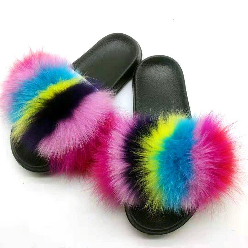 

Slippers Women Summer Fur Cute Plush Sandals Real Hair Luxury Fashion Beach Slides Flip Flops, Black