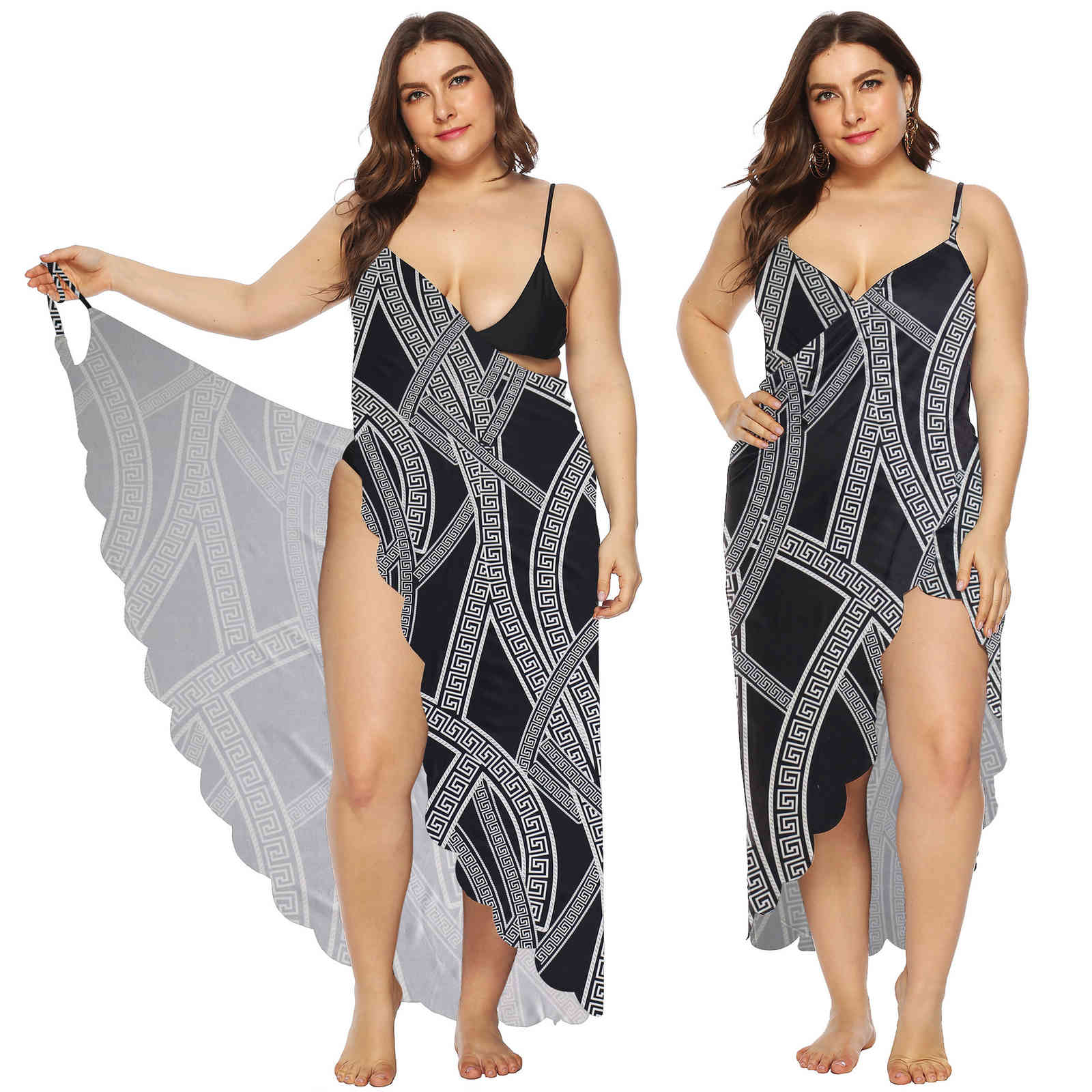 

women's plus size large baless print wave ee multi-function beach skirt irregular sling 6156