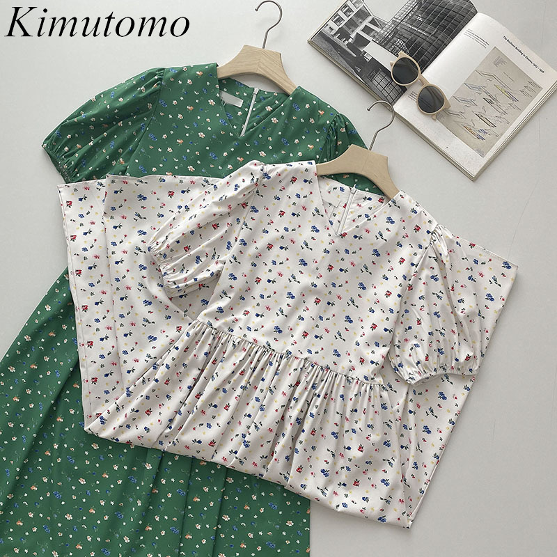 

Kimutomo Casual V-neck Floral Dress Women Summer Fashion Short Puff Sleeve Slimming A Line Vestidos Korean Chic Elegant 210521, White