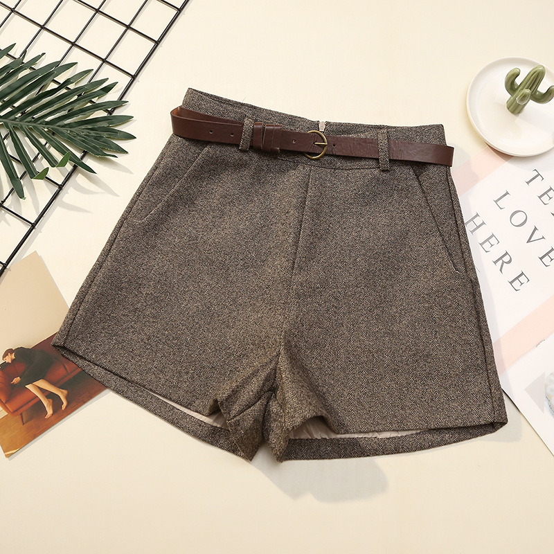 

Autumn Winter Formal Shorts Women Korean High Waist Thick With Sashes Wide Leg Shorts Female Gray Black Green Casual Bottom 210518