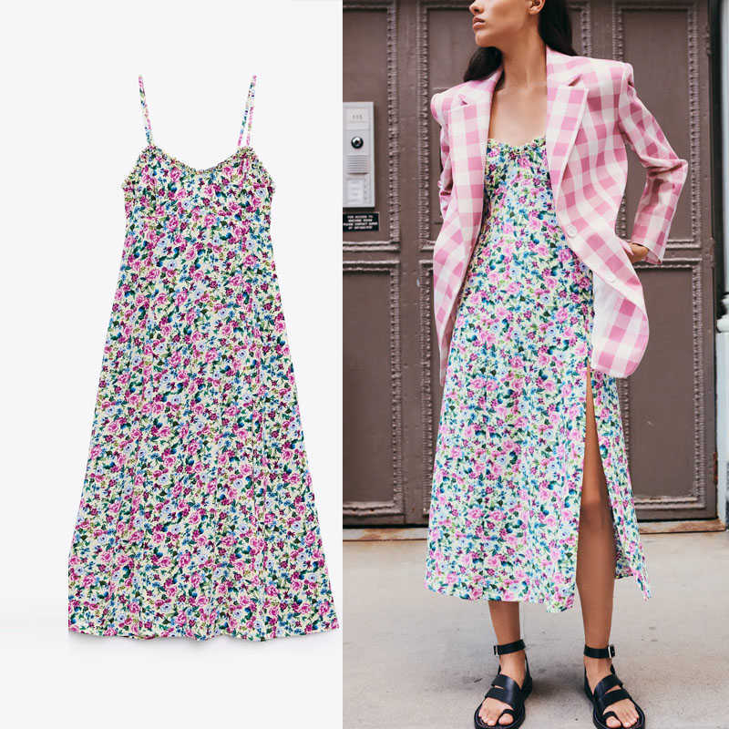 

Za Dress Women Straps Backless Flower Print Sexy Summer Dress Fashion Side Slit Women Sleeveless Vintage Beach Dresses 210602, As picture