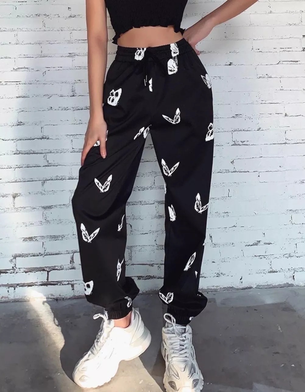 

pants trousers 2021 summer popular clothing material butterfly printing trend sports casual for women, Black;white
