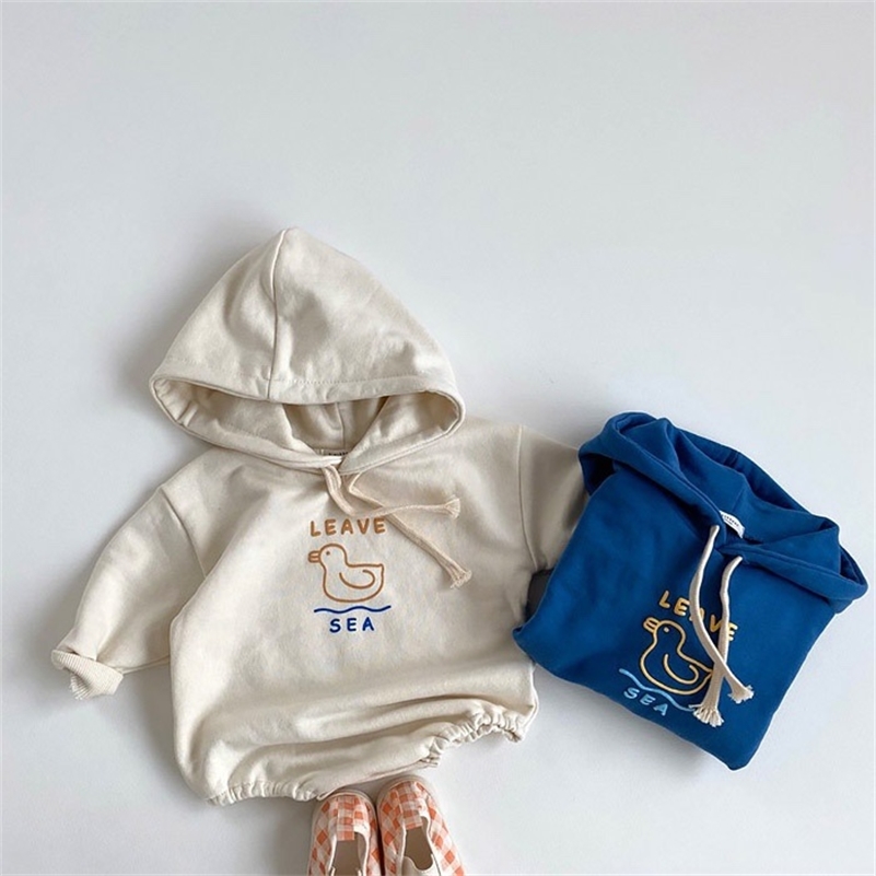 

Korean style baby cute duck printed hooded bodysuits Autumn long sleeve jumpsuits 210708, Beige