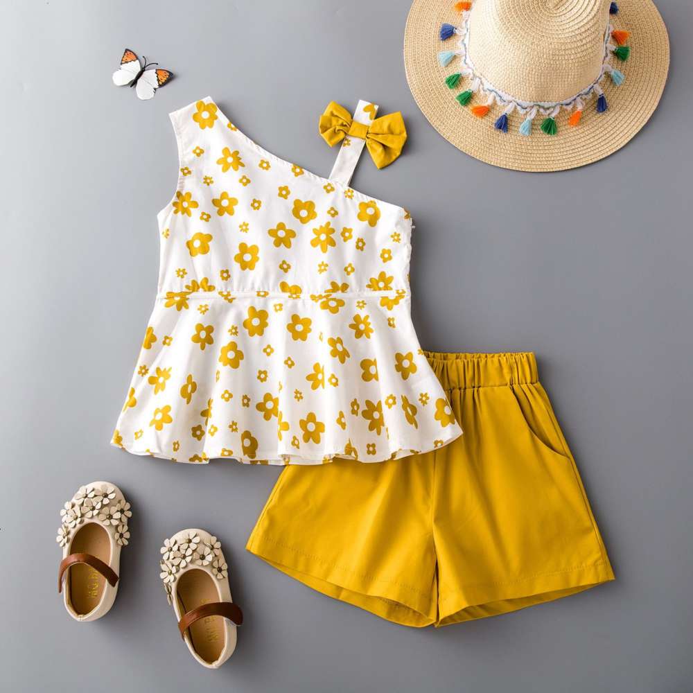 

Boys and girls suits Children's year cute yellow printed suspender Top Shorts children's suit 4021, White