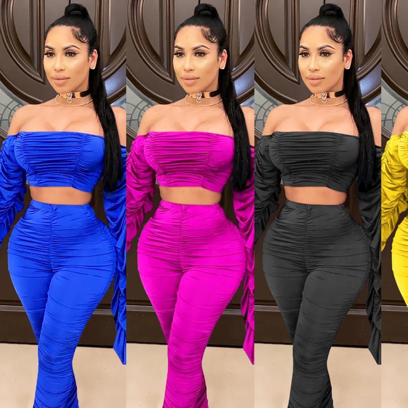 

cm.yaya stacked set women tracksuits off shoulder flare sleeve crop ruched pants suit tracksuit two piece 8 colors, Gray