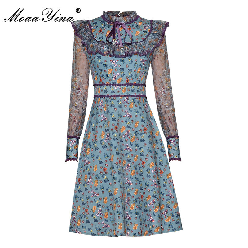 

Fashion Designer dress Spring Women' Dress Mesh Flare Sleeve Ruffles Floral Print Slim Prairie Chic Dresses 210524, Blue
