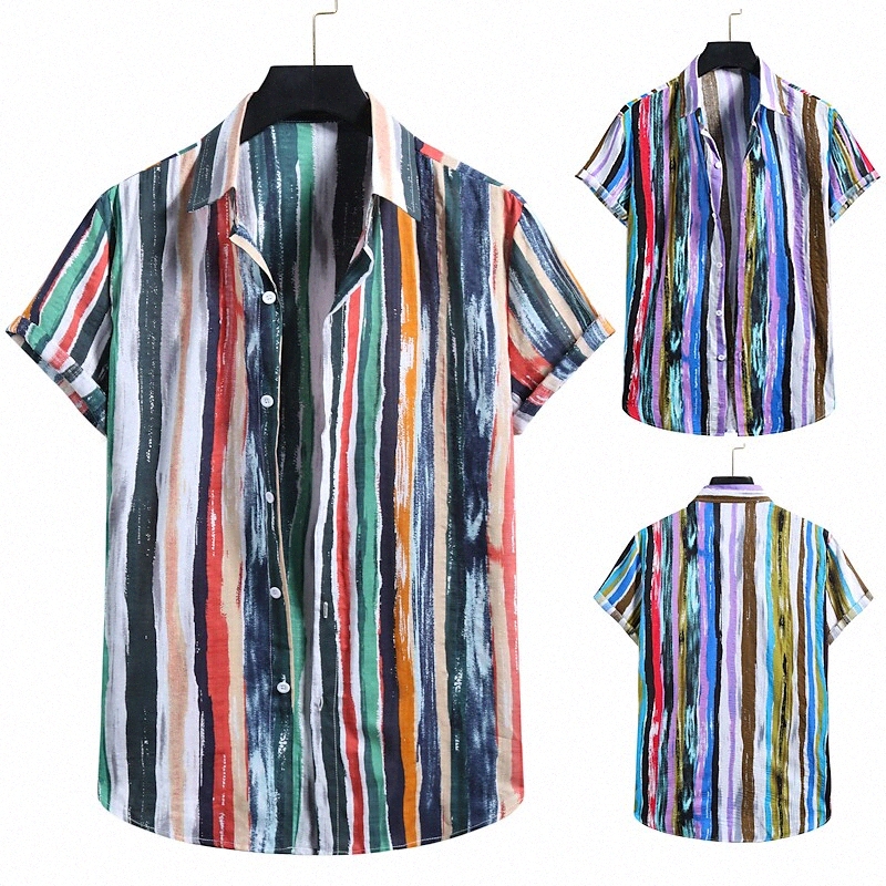 T-shirt pour hommes Autres impressions Touche colorée à rayures colorées Collier décontracté imprimé court manches courtes Fit Tops Tropical Hawa