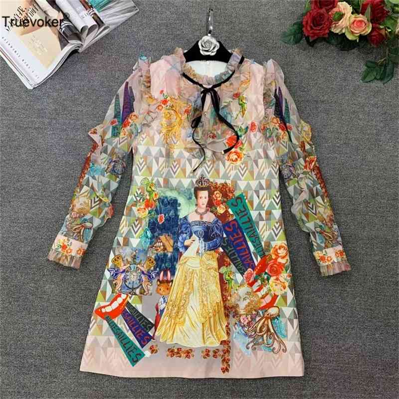 

Truevoker European Lady Runway Prom Dres Full Sleeve Oil Painting Print Mujer Festa Vestido 210602, Multi