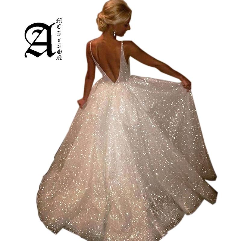 

Evening Dresses Ameision 2021 Sequined White Long Style Deep Sexy Low Back Prom Gowns Pageant Special Occas, Black;red