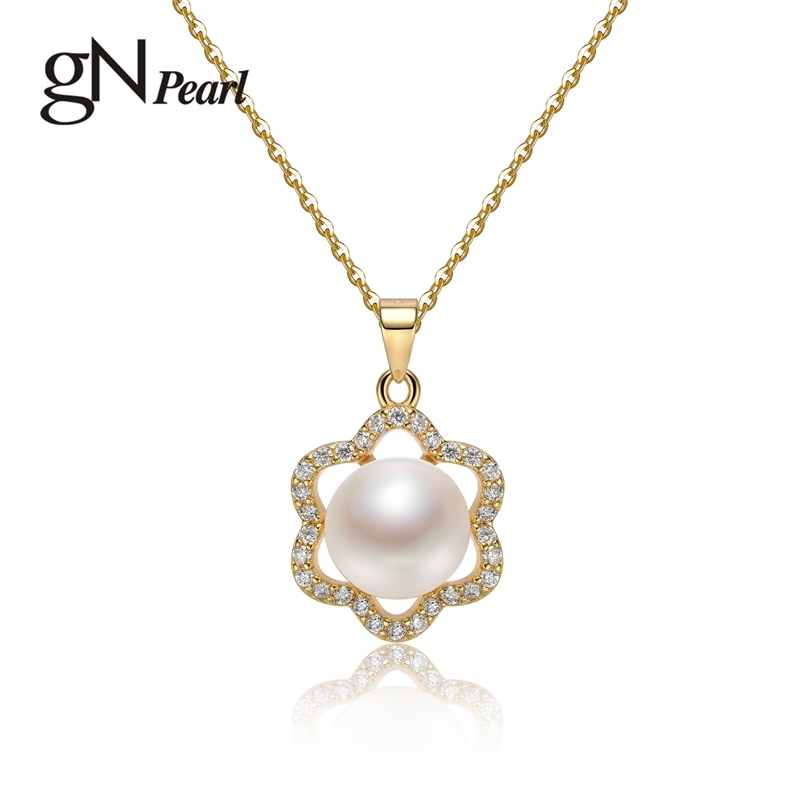 

gN White Natural Freshwater 8-9mm Pendants Necklaces 925 Silver Gold Plated Flower Zirconia Choker Chain gNPearl