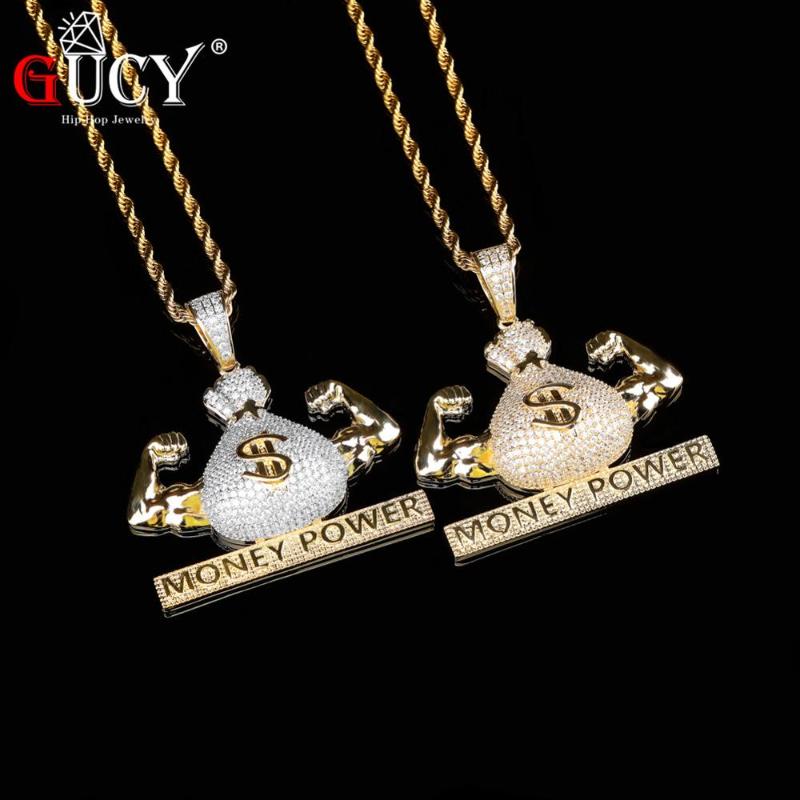 

Pendant Necklaces GUCY US Dollar Money Power Necklace & Free Cuban Chain Gold Color Cubic Zircon Men's Hip Hop Jewelry For Gift