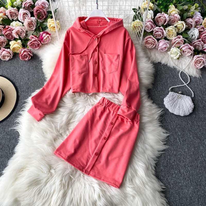 

Spring Autumn Casual Gray/Green/pink/black Two Piece Set Women Hooded Sweatshirt High Waist Bodycon Skirt Female 2pcs Suit1