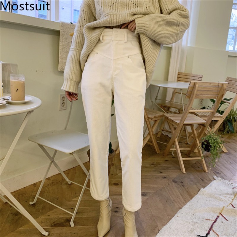 

Women Harem Pants Fashion High Waist Loose White Corduroy Trousers Female Two Buttons Spring Streetwear 210518