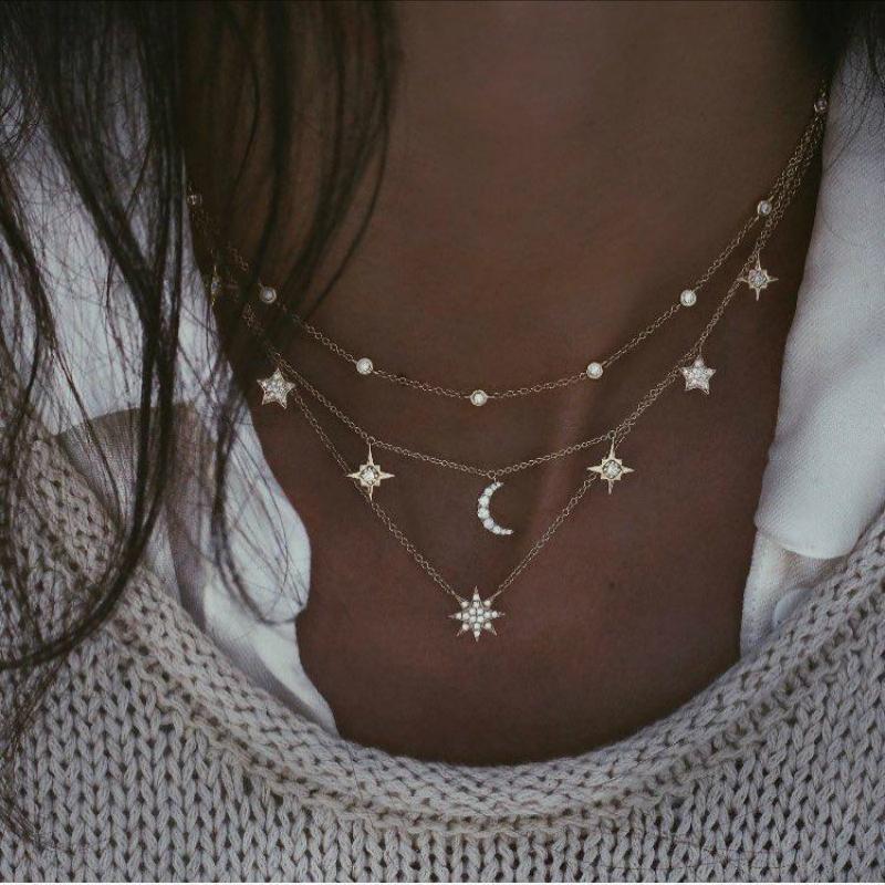 

Pendant Necklaces Gold Necklace Punk Rhinestone Moon Pentagram Multilayer Luxury Jewelry For Women Statement Wholesale Bijoux, Silver