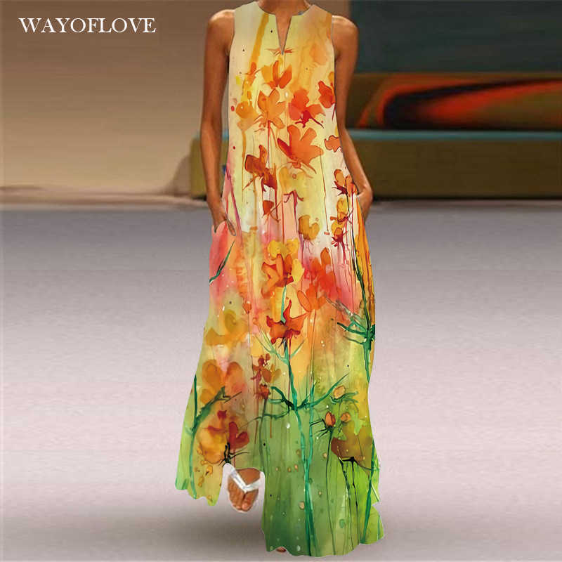

WAYOFLOVE Plus Size Sleeveless Girl Dress Casual Holiday Beach Long Dresses Summer Woman Yellow Leaf Print Maxi Dress Women 210602, Vlcq-66