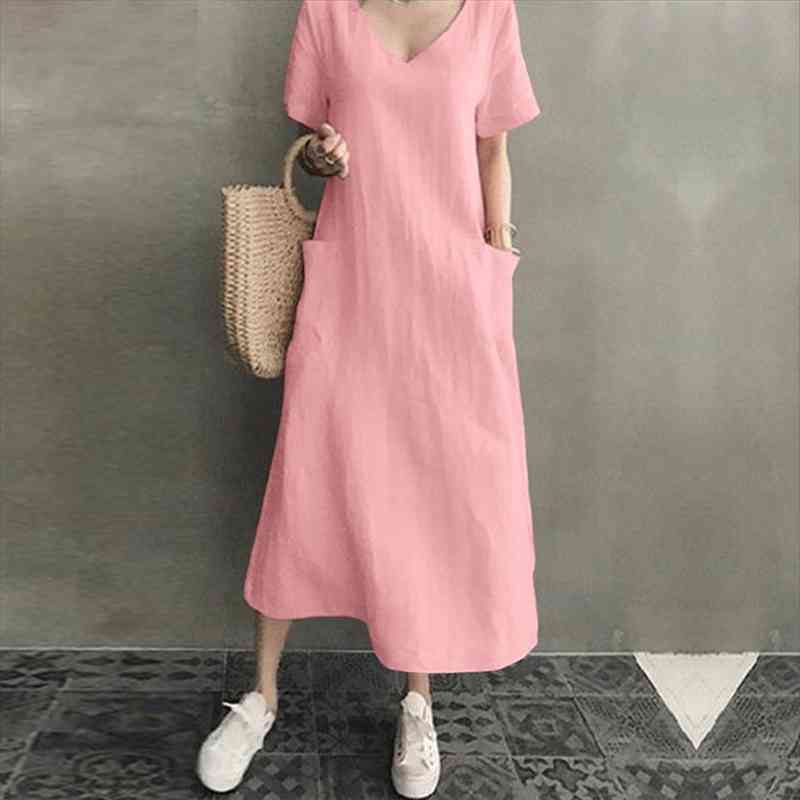 

vintage solid maxi dress womens summer sundress short sleeve cotton linen vestidos female v neck robe plus size 5xl, White