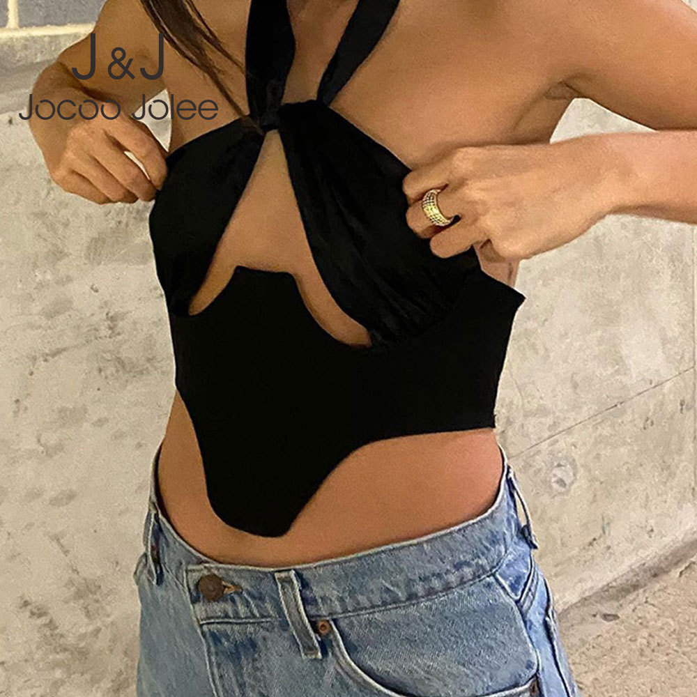 

Jocoo Jolee Sexy Women Backless Slim Vest Bandage Short Tops Summer Halter Neck Cross Cropped Tops Clubwear Hollow Out Tank 210518, As photo