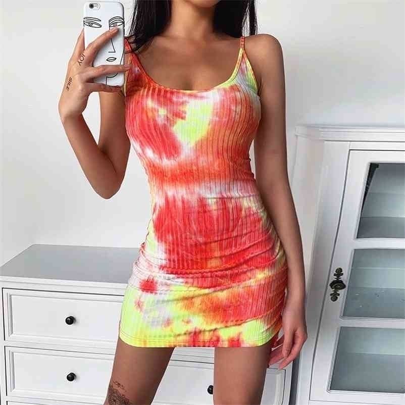 

Tie Dye Backless Ribbed Knitted Dress Sexy Summer Women Fashion High Waist Party Elegant Bodycon Mini Vestidos 210517, Green
