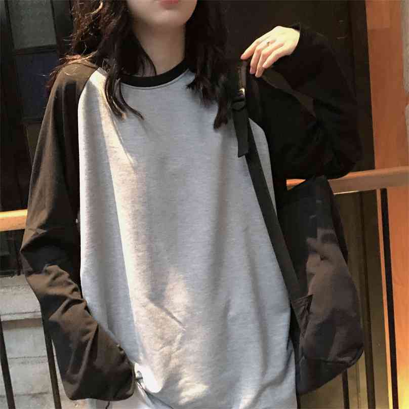 

Female T-shirt Round collar Contrast Color Long Sleeve Shirt Women spring -s For Patchwork 210720, White