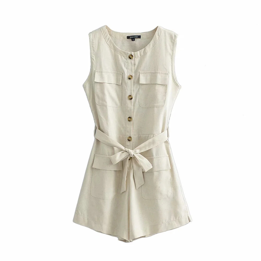 

BBWM Women Elegant Fashion Cotton With Belt Playsuits Vintage Chic Single-Breasted Round Neck Sleeveless Short Jumpsuits 210520, As picture
