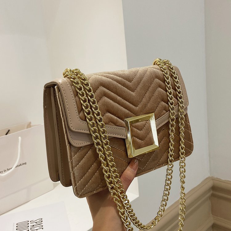 

ladies leathers shoulder bags popular in the streets in winter soft Corduroy chain bag small fresh solid color leather handbags elegant Joker striped handbag, Khaki-small(boutique box)