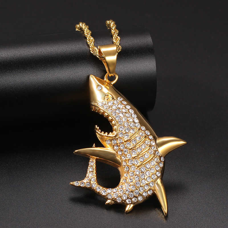

Hip Hop Full Rhinestones Bling Iced Out Gold Color Stainless Steel Animal Fierce Shark Pendants Necklace Men Rapper Jewelry